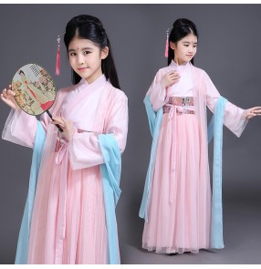 Light pink girls kids Hanfu stage performance kimono dress chinese folk dance costumes princess ancient traditional fairy anime drama cosplay dresses