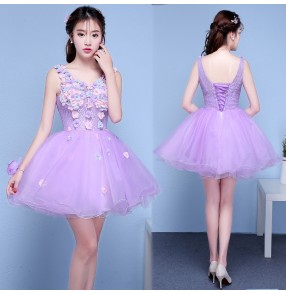 Light purple flowers Evening dress for women girls pettiskirt wedding party bridesmaid dress cocktail celebration party prom dress host performance dresses