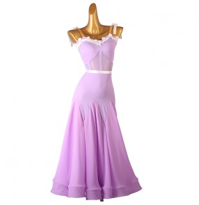 Light purple lace ballroom dance dresses for women girls waltz tango foxtrot smooth dance long dress backless sleeveless dance costumes