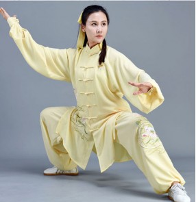 Light Yellow White Tai Chi Clothing for Women Embroidery lotus Kung Fu Uniforms spring summer linen morning Fitness Exercises Clothes Wushu Performance Clothing