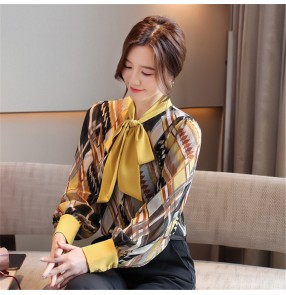 Long-sleeved yellow printed chiffon shirt office work blouses women's spring bow shirt top bottoming bowknot dress shirt