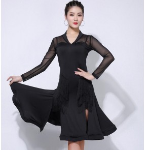 long sleeves Black latin dance dresses for women salsa rumba chacha dance dress latin dance costumes for female