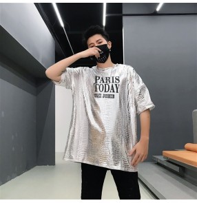 Loose hip-hop jazz dance street dance t shirts men's rapper performance clothes young men casual short-sleeved T-shirt performance glitter gold silver tops