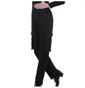 Male and female adult Latin dance pants British style vertical stripe elastic waist pocket pants national standard ballroom dance pants