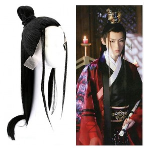 Male chinese hanfu warrior swordsman cosplay wig Ancient style men's black long straight hair wigs costume knight scholar wig cos photo video shooting  men's headgear