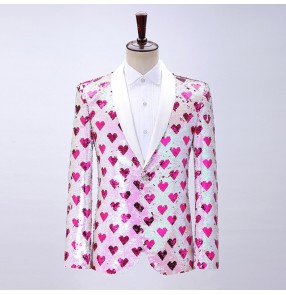 Male love Pattern glitter sequined suit jazz dance jacket stage performance video shooting singer host dress coat pink suit groomsman blazers