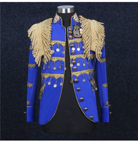 Male Youth singer gogo dancers jazz dance black royal blue tassel coats Nightclub bar male DS concert event stage performance jackets Punk Rock personality dress suit for man