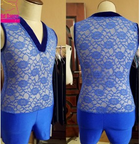 Men Ballroom latin competition dance royal blue velvet lace V-neck lace inner vest competition performance costume body tops for male