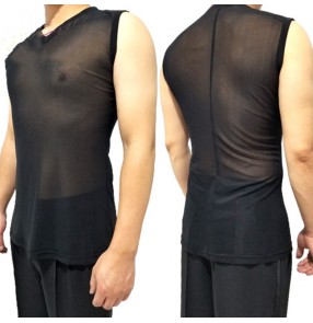 Men black latin ballroom dance tops V-neck mesh sleeveless transparent dance practice clothes Latin dance shirt adult male waltz tango dance tops