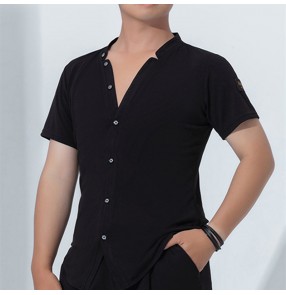 Men black silver color latin dance shirts short sleeves stage performance modern dance ballroom waltz tango jive dance tops for male 