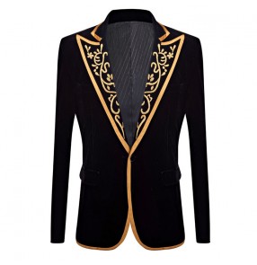 Men black velvet gold embroidered singers stage performance blazers wedding party European court style velvet jacket concert singer solo performance coats