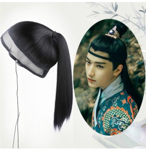 Men chinese hanfu warrior swordsman film cosplay Wig stage performance knight long straight hair Ming tang qing dynasty male wig cover net head cover 