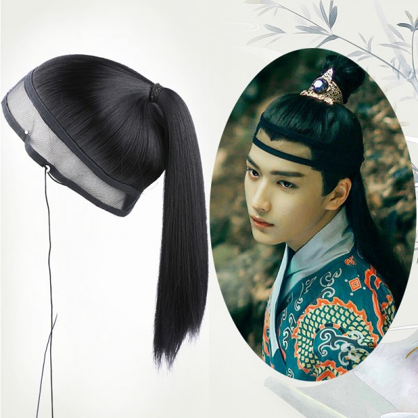 Men chinese hanfu warrior swordsman film cosplay Wig stage performance  knight long straight hair Ming tang qing dynasty male wig cover net head  cover