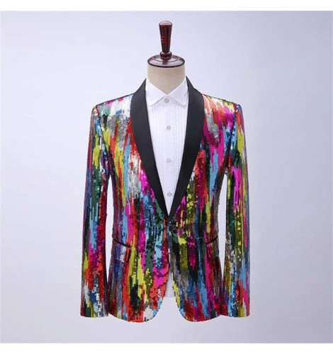 Men colorful vertical striped sequin dress coat stage performance ...