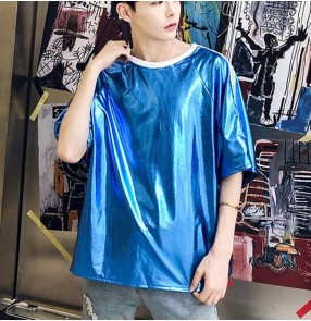 Men jazz dance hiphop Short-sleeved blue silver pu leather T-shirt male singer gogo dancers rappers loose shiny silver laser show half-sleeved bottoming shirt show photos tops