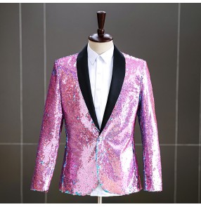 Men jazz dance Pink blue glitter suit jacket stage performance singer host sequined blazers male dress suit night club dance performance suit