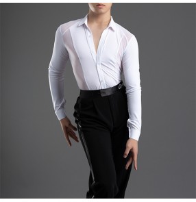 Men juvenile youth black white latin ballroom dancing shirts salsa rumba chacha waltz tango dance long sleeves stretchable body tops for man