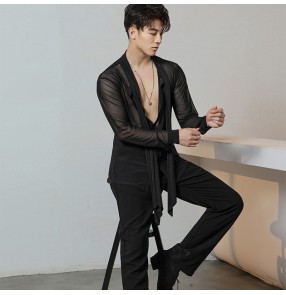 Men latin ballroom dance competition Mesh shirt men's Latin dance practice clothes dance tops training shirts