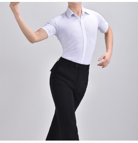 Men Long-sleeved white black striped modern ballroom latin dance shirts male ballroom latin dance shirt dance clothes practice tops