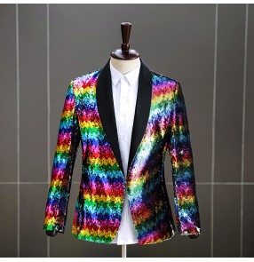 Men rainbow color sequin performance suit jphotos shooting acket nightclub bar singer dj men's dance performance blazers coats for male