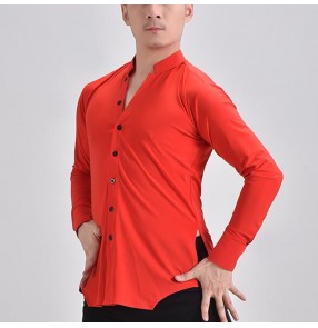 Men red color ballroom latin dance shirts v neck long sleeves plus size paso double dance shirts for male tango waltz dance tops 