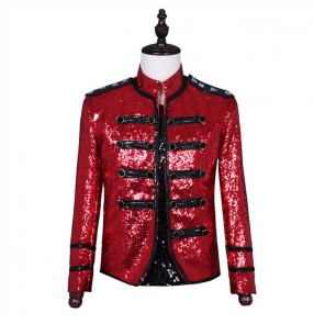 Men red sequined Singer performance clothing host jazz dance coats video shooting performance jacket men's red bling punk jacket