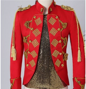 Men red white jazz dance jackets palace drama cosplay coats video shooting Night bar red court costume male personality punk suit jacket