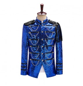 Men royal blue paillette Court jazz dance costume performance coats Men's military dress performance jackets nightclub host singers DJ silver sequins coats