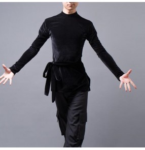 Men's adult black white velvet latin ballroom dance tops shirts
