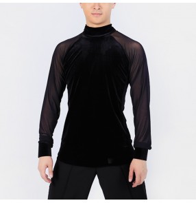 Men's Back velvet Latin Dance Tops Modern ballroom dance shirts High Neck Long Sleeve dance Exercise practice Clothes