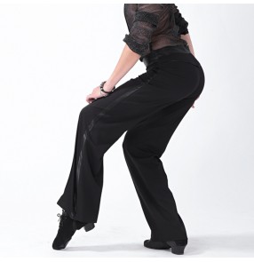 Men's ballroom latin dance pants silk ribbon hip leg side straight modern dance jive chacha salsa waltz tango latin dance long trousers for male