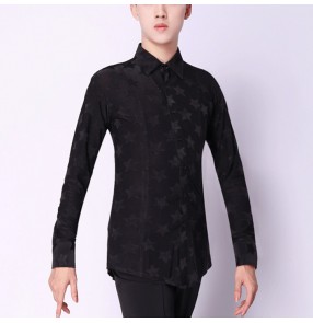 Men's ballroom latin dance shirts black color star pattern stage performance professional waltz tango jive chacha dance tops shirt