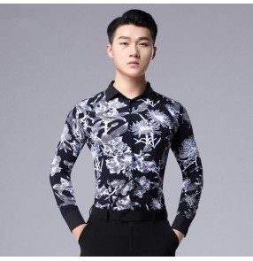 Men's ballroom latin dance shirts male professional printed floral stage performance competition salsa rumba chacha dance tops shirts