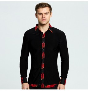 Men's ballroom latin dance shirts with red printed ribbon stage performance professional tango waltz dancing tops 