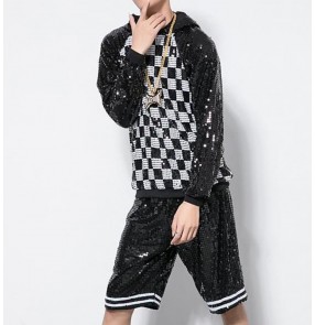 men's black and white plaid sequin jazz hip hop dance costumes singers gogo dancers modern dance street dance hoodies tops and shorts