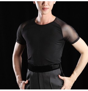 Men's black ballroom dancing latin dance shirts male competition professional stage performance modern dance salsa rumba chacha tops 