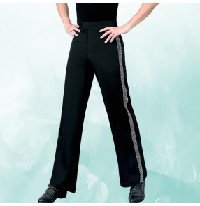 Men's black ballroom latin dance pants diamond competition stage performance rumba tango chacha dance trousers for male 