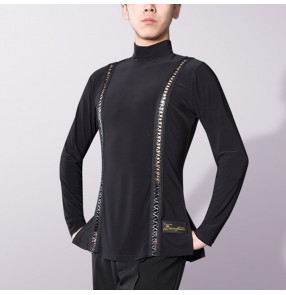 Men's black colored competition latin dance shirts professional modern dance stage performance ballroom tango dance tops 