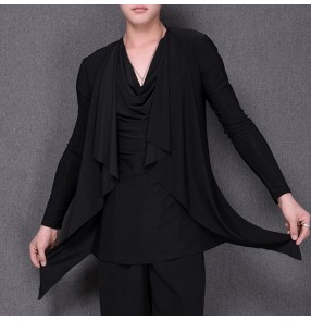 Men's black colored heap collar latin dance shirts cloak style  ballroom salsa chacha rumba dance tops 