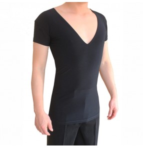 Men's black colored v neck short sleeves latin dance shirts stage performance ballroom waltz tango dance tops 