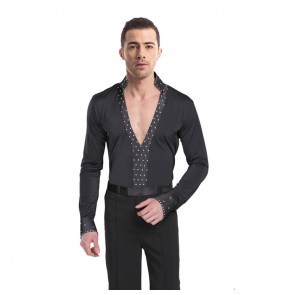 Men's black colored v neck stones latin ballroom dancing shirts stage performance waltz tango chacha dance leotard tops shirts