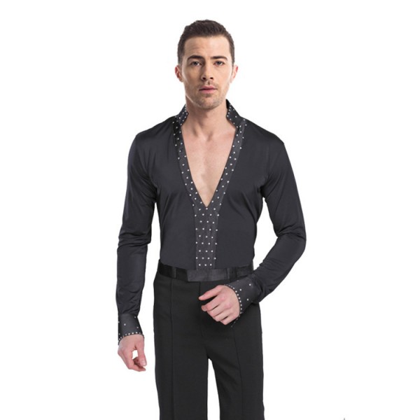 Men S Black Colored V Neck Stones Latin Ballroom Dancing Shirts