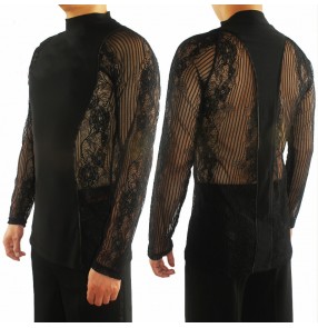 Men's black lace flowers latin ballroom dancing shirts Modern Salsa Cha Cha Waltz Tango Stage Performance Tops For Man