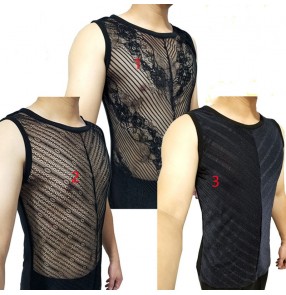Men's black lace v neck latin ballroom dance vest stage performance waltz tango ballroom dance tops 