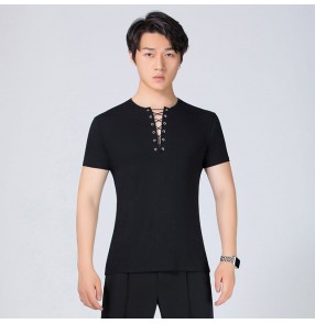 Men's black Latin dance Shirts men short-sleeved tops male dance clothes modern ballroom waltz tango dance practice clothes