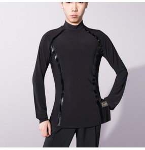 Men's black latin dance shirts turtle neck long sleeves competition waltz tango dance tops shirts stage  performance jive dance shirts