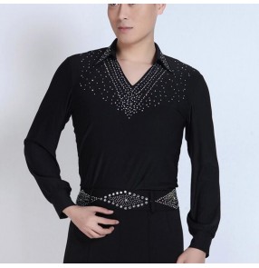 Men's black latin shirts male ballroom waltz tango chacha long sleeves competition stage performance tops shirts