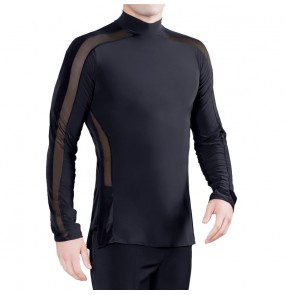Men's black long sleeves competition latin dance shirts stage performance salsa rumba dance tops