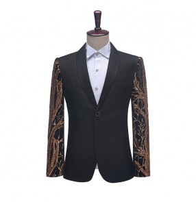 Men's black red sequined jazz dance coats male host singers night club bar stage performance blazers photos shooting coats for male