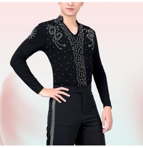 Men's black rhinestones competition practice latin dance shirts male ballroom chacha jive salsa chacha dance tops 